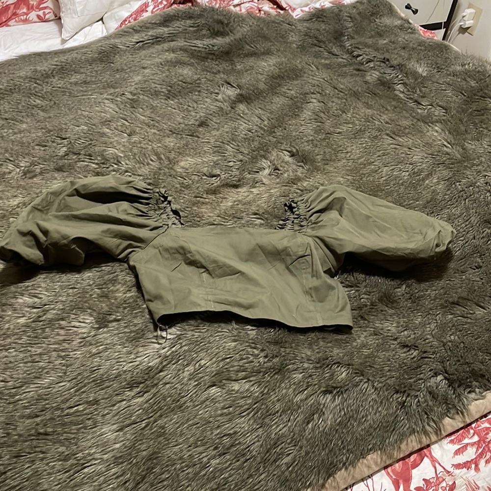 Olive green poplin crop top with off the shoulder puff sleeves